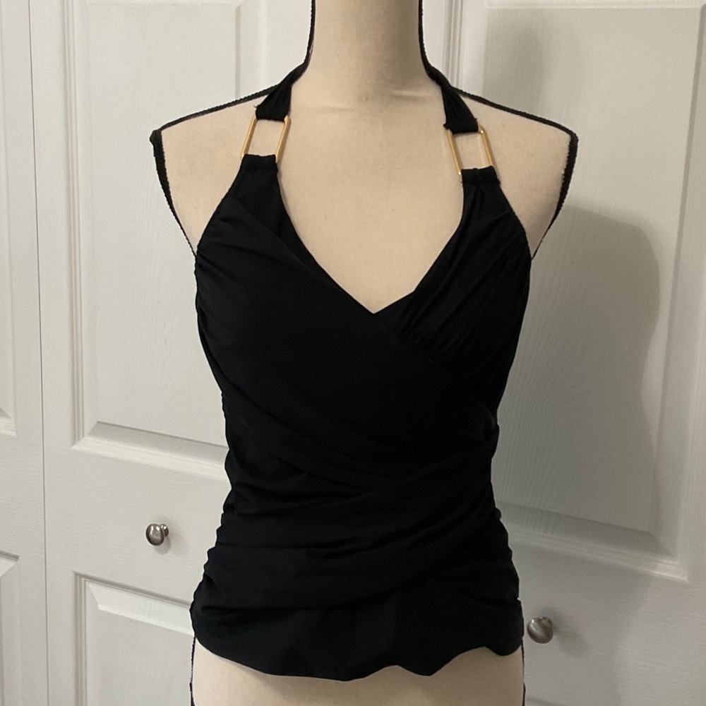 SPANX Black Halter Swim Tankini with gold accents, Size 8